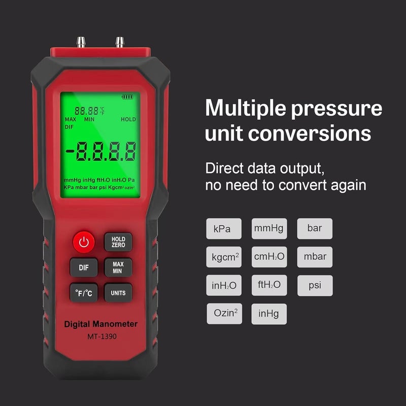 YZTMETER YZT Digital Manometer - Air, Gas Pressure Meter with Differential Gauge and Dual-Port Tester (9v Battery Included) - Image 2